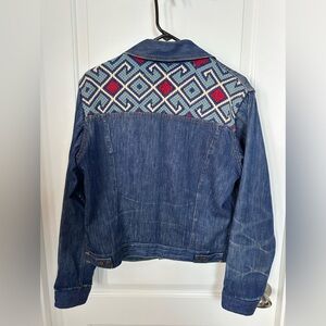 1970s vintage screen door threads denim jacket Needlepoint Back Medium Boho